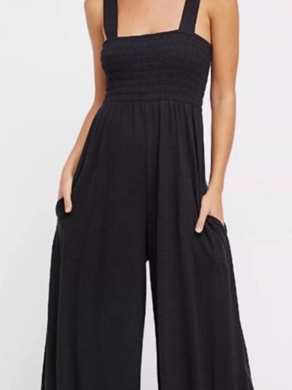 Free People Black Wide-Leg Smocked Jumpsuit